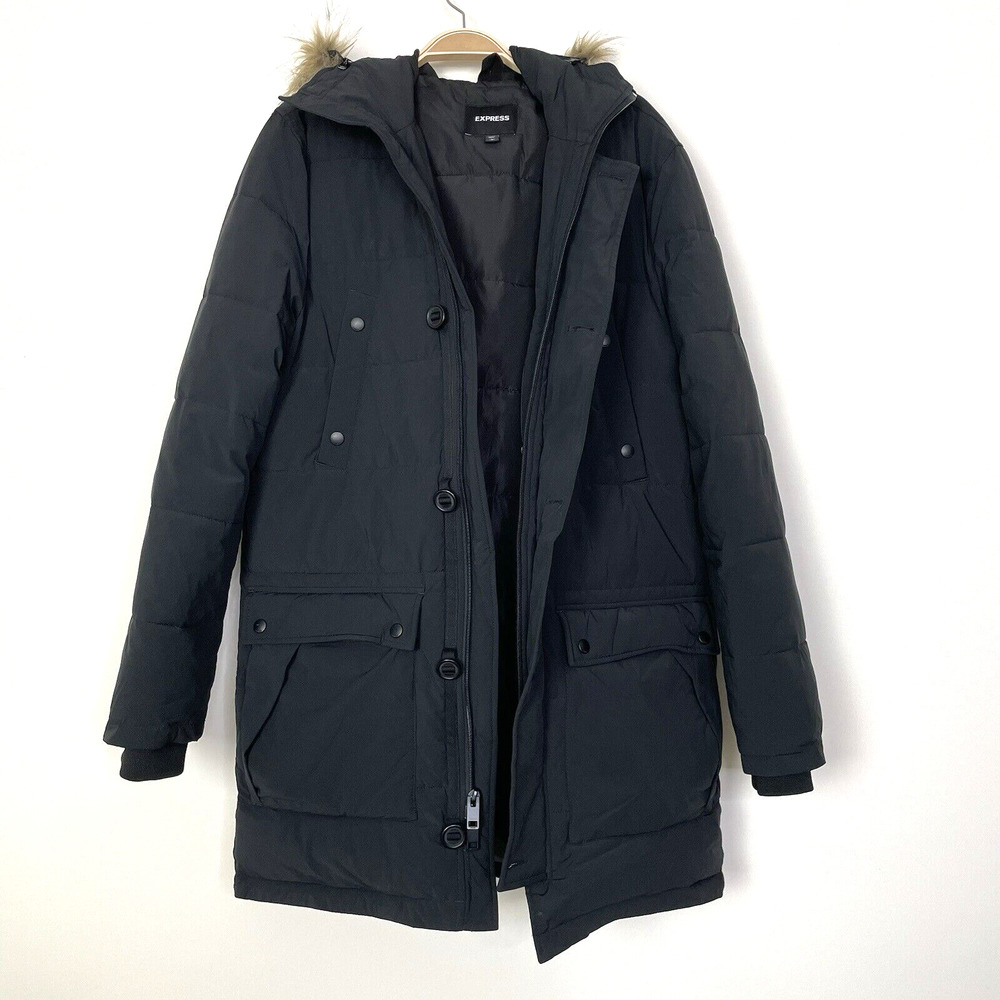 Express Womens‎ Puffer Coat Faux Fur Trim Hood Black Medium - Picture 3 of 11